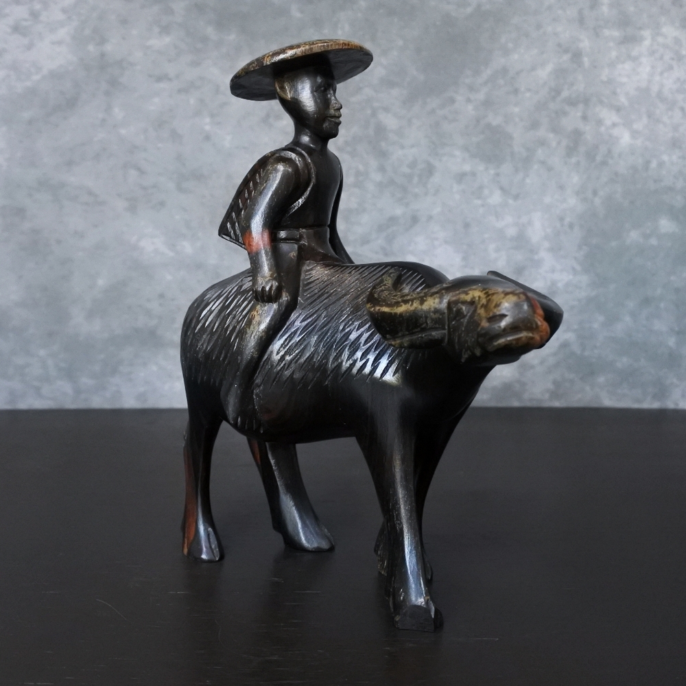 Vintage Hand Carved Chinese Buffalo & Rider Wooden Figure Statue